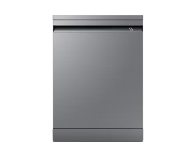 Stainless steel Samsung dishwasher on a black background